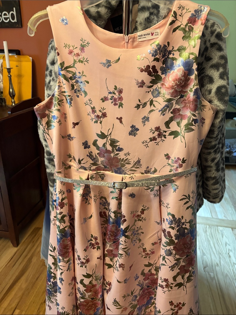 Knitworks Pink Floral Satin Fit-and-Flare Dress with Sparkle Belt
